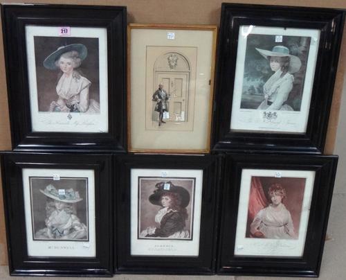 After Reynolds, Opie and Hoppner, a group of five prints of portraits, including Countess Spencer, Mrs Bouverie, Almeira, Mrs Bingham and Mrs Benwell,