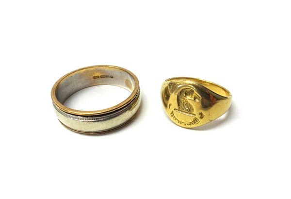 A 9ct gold two part ring with moving band, ring size U and a half, weight 5.6 gms, together with a gold signet ring with Latin motto 'Virtute et Fide'