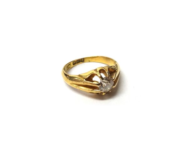 An 18ct gold and diamond set single stone ring, claw set with a cushion shaped diamond, ring size L, with a case.