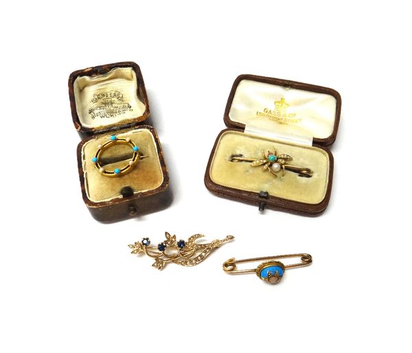 A gold, seed pearl and turquoise set bar brooch, with an insect motif, a gold, turquoise and seed pearl set brooch, of circular form, a coral and blue