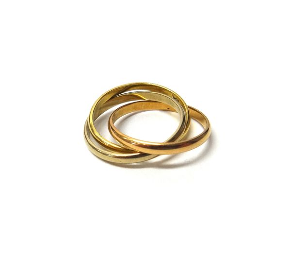 A three coloured gold 'Trinity' or Russian style wedding ring, ring size M, weight 5.4 gms.