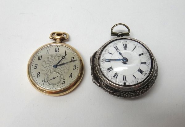 A silver twin cased openfaced pocket watch, the gilt fusee movement with a verge escapement and squared architectural pillars, the scroll pierced brid