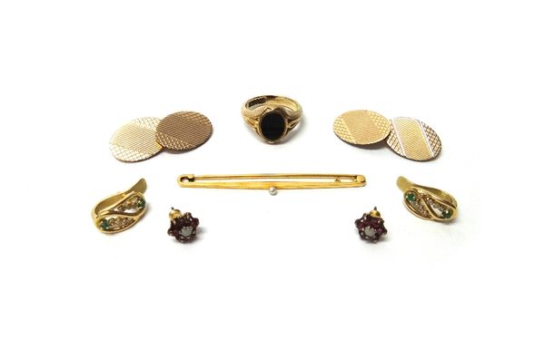 A pair of gold, emerald and diamond set earrings, a pair of gold, opal and ruby set cluster earstuds, a gold bar brooch, mounted with a seed pearl, a