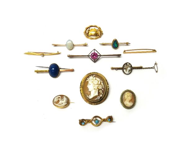 A gold bar brooch, claw set with an oval opal, a gold bar brooch, mounted with a seed pearl at the centre, detailed 18 CT, a gold oval brooch, detaile