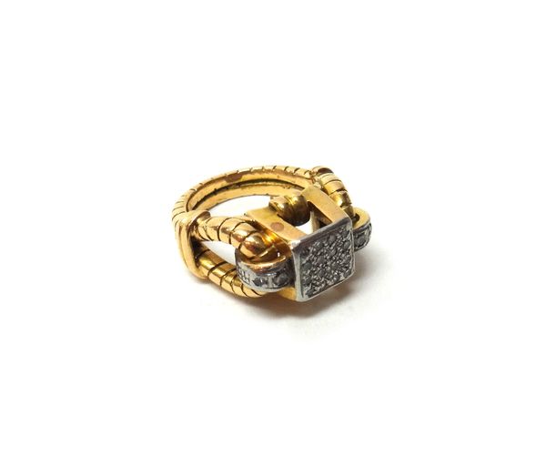 A gold and diamond set ring, in a square panel shaped design, mounted with twelve circular cut diamonds, between diamond set two stone shoulders, the