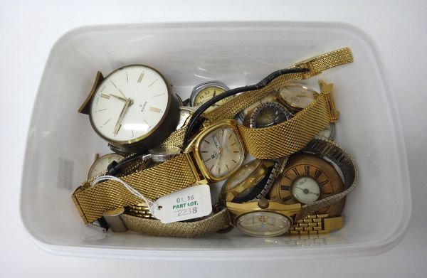 A lady's steel circular cased Omega wristwatch, on a black strap with an Omega buckle, three further lady's wristwatches, a gentleman's gilt metal fro