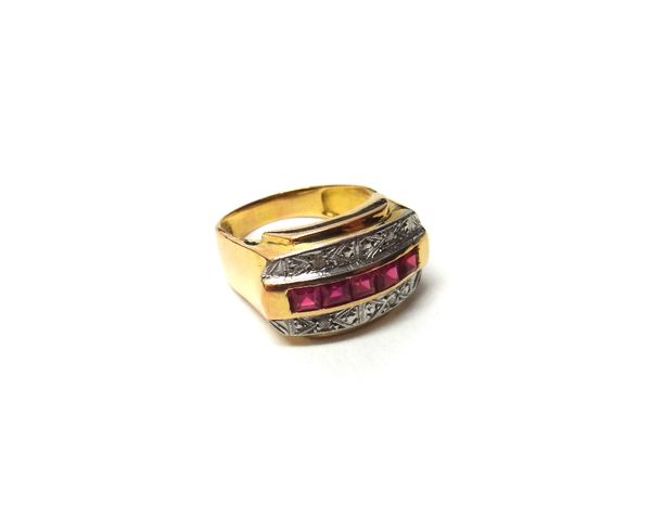 A gold, diamond and synthetic ruby set ring, mounted with a row of five square cut synthetic rubies to the centre and with two small circular cut diam