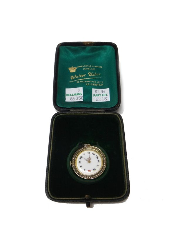 A gold and seed pearl set pendant watch, the jewelled lever movement detailed Rolex 15 Jewels Swiss Made, the enamelled dial with Roman numerals, the