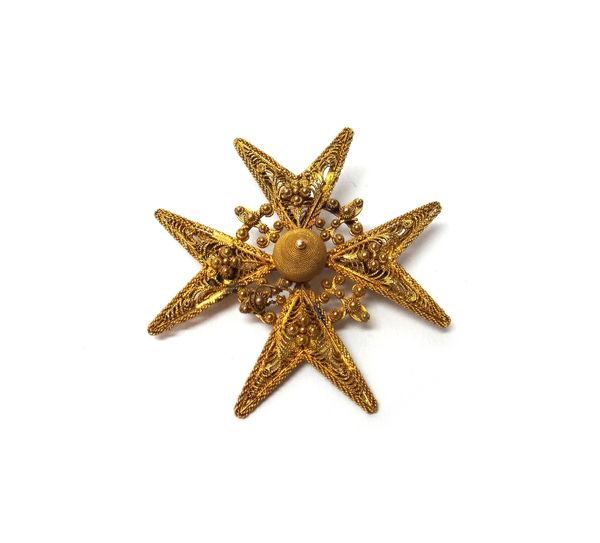 A gold filigree brooch, designed as a Maltese cross, with a bead motif to the centre, with a later case, gross weight 9.5 gms.