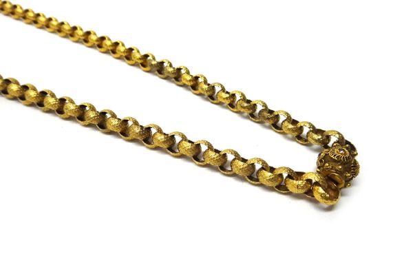 A gold circular link long chain, the links with an arrow head pattern decoration, on a colourless gem set wirework decorated clasp, length 87cm, gross