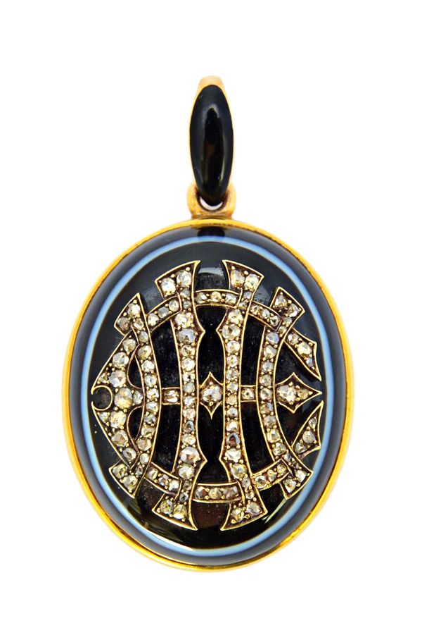 A Victorian banded agate and rose diamond set oval pendant mourning locket, glazed with a locket compartment within and engraved within the case back