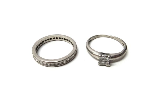 A platinum and diamond set four stone ring, mounted with princess cut diamonds, in a square design, ring size P and a platinum and diamond set full et