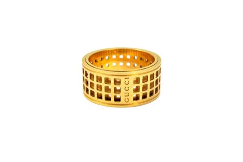 A Gucci Italian gold Pantheon wide rotating band ring, having square pierced decoration, detailed 22 GUCCI made In Italy 750, width 1.1cm, size T and