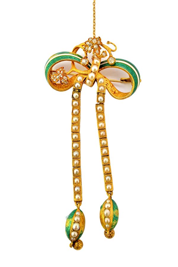 A Victorian gold, diamond and half pearl set and enamelled brooch, formed as an interlooped surmount, with diamond set spray motifs, mounted with cush