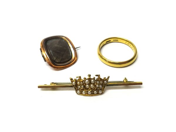 An 18ct gold plain wedding ring, ring size V, weight 6.5 gms, a gold and seed pearl set bar brooch, with a Navy crown motif, detailed 14 CT and a curv