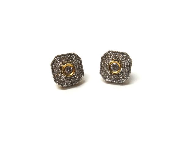 A pair of 9ct gold and diamond set cut cornered square cluster earstuds, each mounted with the principal circular cut diamond at the centre, in a surr