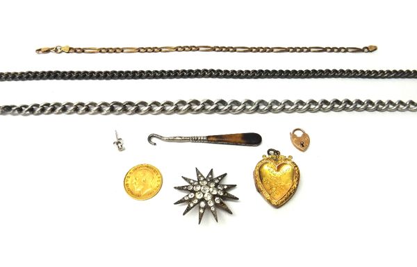 A George V half sovereign 1912, two silver curb link watch Albert chains, each fitted with a T bar, a colourless paste set brooch, designed as a starb