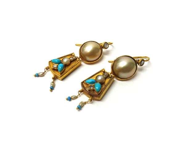 A pair of gold, rose diamond, turquoise and cultured pearl set pendant earrings, the tops with wire fittings, with a case.