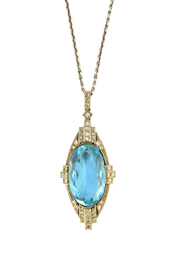 An aquamarine and diamond set pendant, mounted with the oval cut aquamarine at the centre and with rows of small cushion shaped and rose cut diamonds