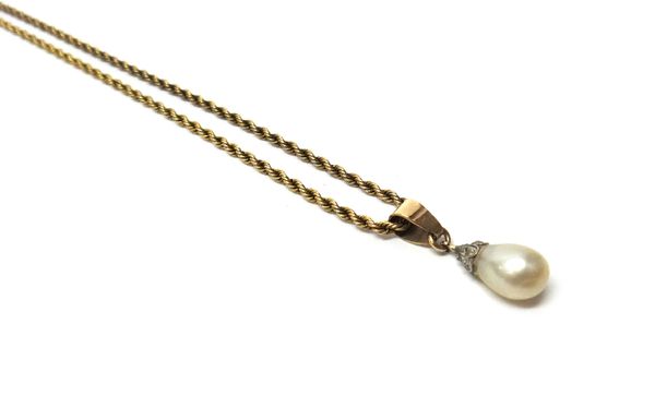 A gold ropetwist link neckchain, detailed 9 C, on a cylindrical clasp and a rose diamond capped drop shaped cultured pearl pendant, combined gross wei