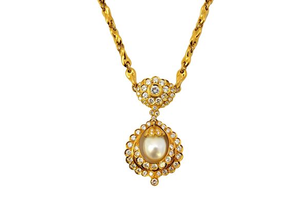 A gold, diamond set and cultured pearl necklace, the front mounted with a single diamond capped cultured pearl drop within a two row surround, mounted