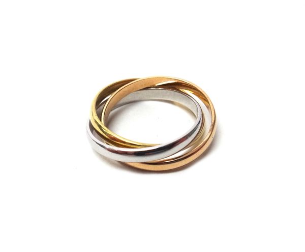 A three colour gold 'Trinity' or Russian style wedding ring, indistinctly stamped 'Cartier 18 K' ring size P and a half, gross weight 6.8 gms.