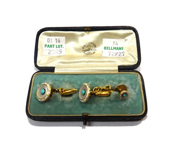 A pair of gold cufflinks and a single matching dress stud, with circular cabochon turquoise, mother of pearl and white enamelled borders, detailed 15,