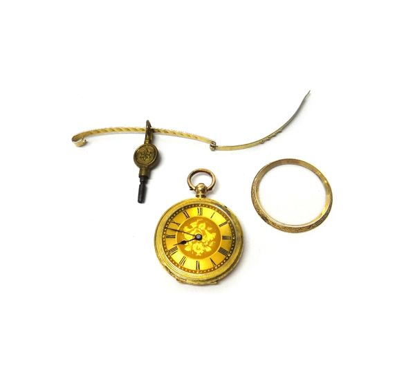 A lady's gold cased, key wind, openfaced fob watch, with a gilt cylinder movement, gilt metal inner case, the decorated gilt dial with black Roman num