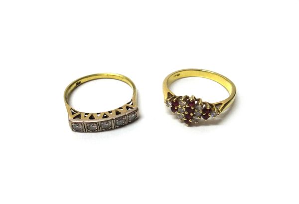 A gold and diamond set five stone ring, mounted with a row of circular cut diamonds, ring size L and a half and a gold, ruby and diamond set lozenge s