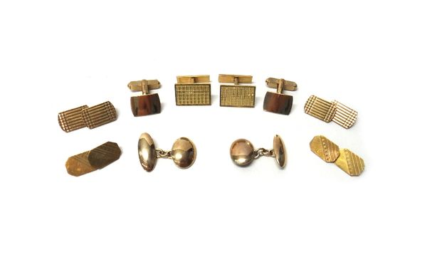 A pair of 9ct gold cufflinks, each with a curved square front and with a folding bar fitting at the back, two further pairs of 9ct gold cufflinks, a p