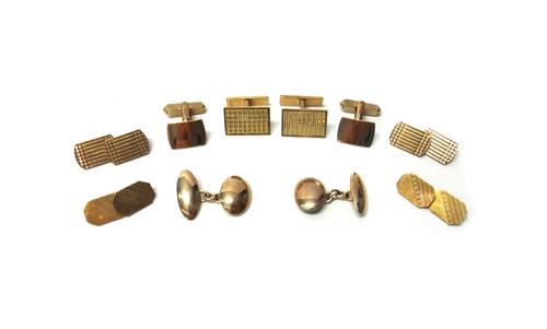 A pair of 9ct gold cufflinks, each with a curved square front and with a folding bar fitting at the back, two further pairs of 9ct gold cufflinks, a p