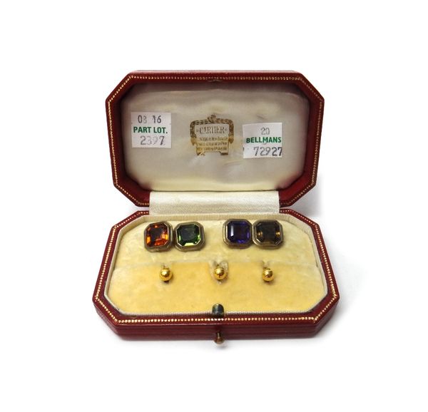 A pair of vary coloured quartz and gem set cufflinks in cut cornered square surrounds, gross weight 8.2 gms, together with three 9ct gold dress studs,