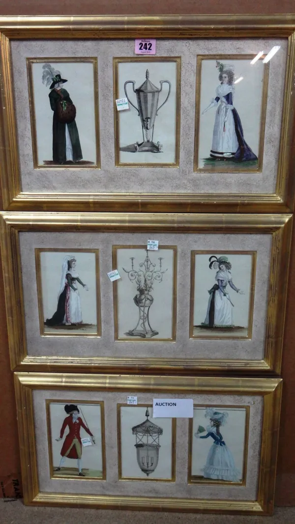 A group of three framed triptychs of early 19th century figurative and decorative subjects, engravings with hand colouring.(3)