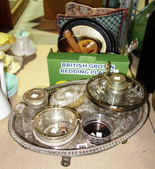A silver plated oval gallery tray and a quantity of silver plate including dressing table wares, fruit bowl and sundry collectibles.