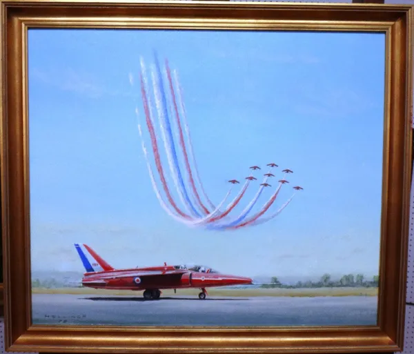Hellings (20th century), Red Arrows, oil on canvasboard, signed and dated '75