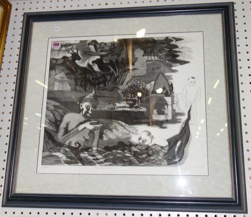 English School (late 20th century), Birth of Water, aquatint, indistinctly signed, inscribed and numbered 15/20 and a print of figurative scenes with