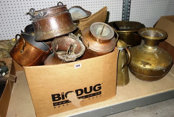 A quantity of assorted copper and brass ware including jugs, vases, scales and sundry.