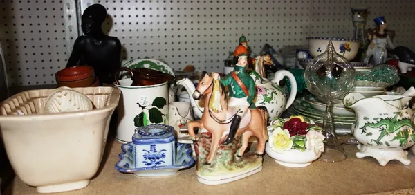 A large quantity of assorted ceramics including Tuscan china part tea set, Staffordshire figures, jelly moulds and sundry.