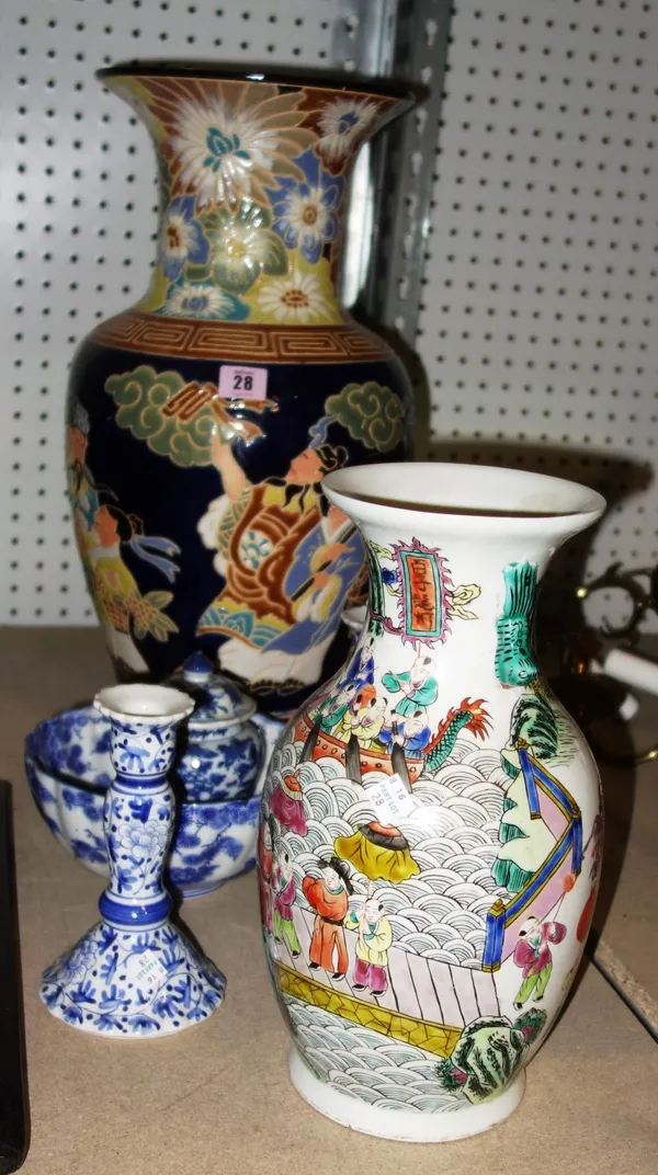 A quantity of ceramics including Oriental vases, a pair of blue and white candlesticks, a blue and white bowl and sundry. (qty)