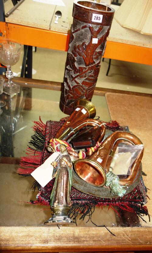 A group of collectables including two copper hunting hors, brass plate, small Persian mat and sundry.
