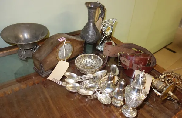 A quantity of collectables including silver plate sugar casters, pewter jug, chrome plated mantel clock formed as crossed cricket bats and sundry.