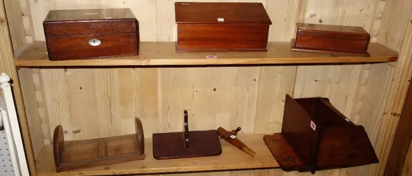 A rosewood jewellery box, two mahogany boxes, two mahogany wall shelves and a hardwood book slide and a tap.