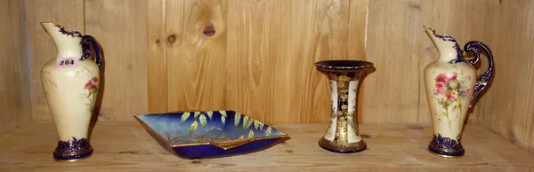 A pair of Royal Doulton vases, Satsuma vase and a Carlton Ware dish.