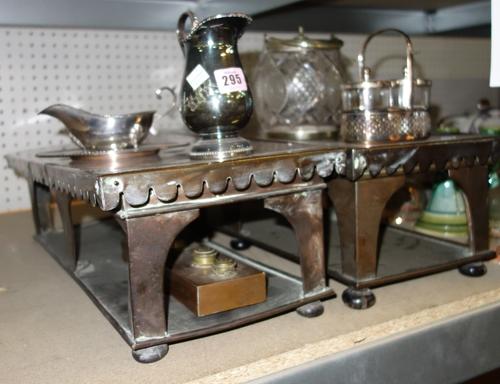 A pair of plated warmers, a plated biscuit barrel and a plated cruet stand, sauceboat and sundry.
