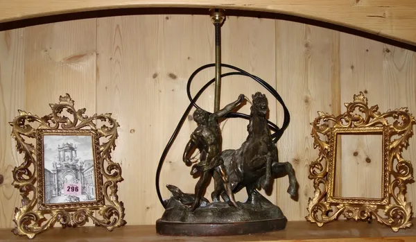 A spelter Morley horse joined as a table lamp and a pair of gilt metal acanthus moulded frames.