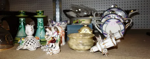 A quantity of ceramics including limoge tea pots, Minton candlesticks and sundry.
