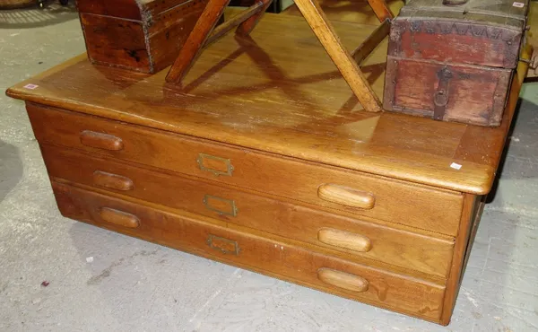 A 20th century oak three drawer plan chest, 122cm.