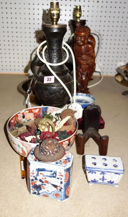 A quantity of mainly Oriental ceramics and collectables, including; a pair of twin handled metal vases converted to lamps, a famille rose porcelain la