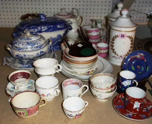 A quantity of ceramics, including blue and white tureens, assorted tea wares, bowls, cups, a pair of porcelain drug jars and sundry. (qty)