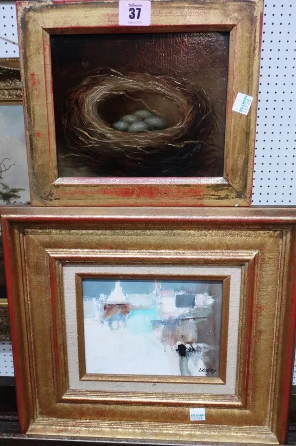 English School (19th century), Study of a birds nest, oil on board, together with a modern oil snow scene signed Leroy.(2)
